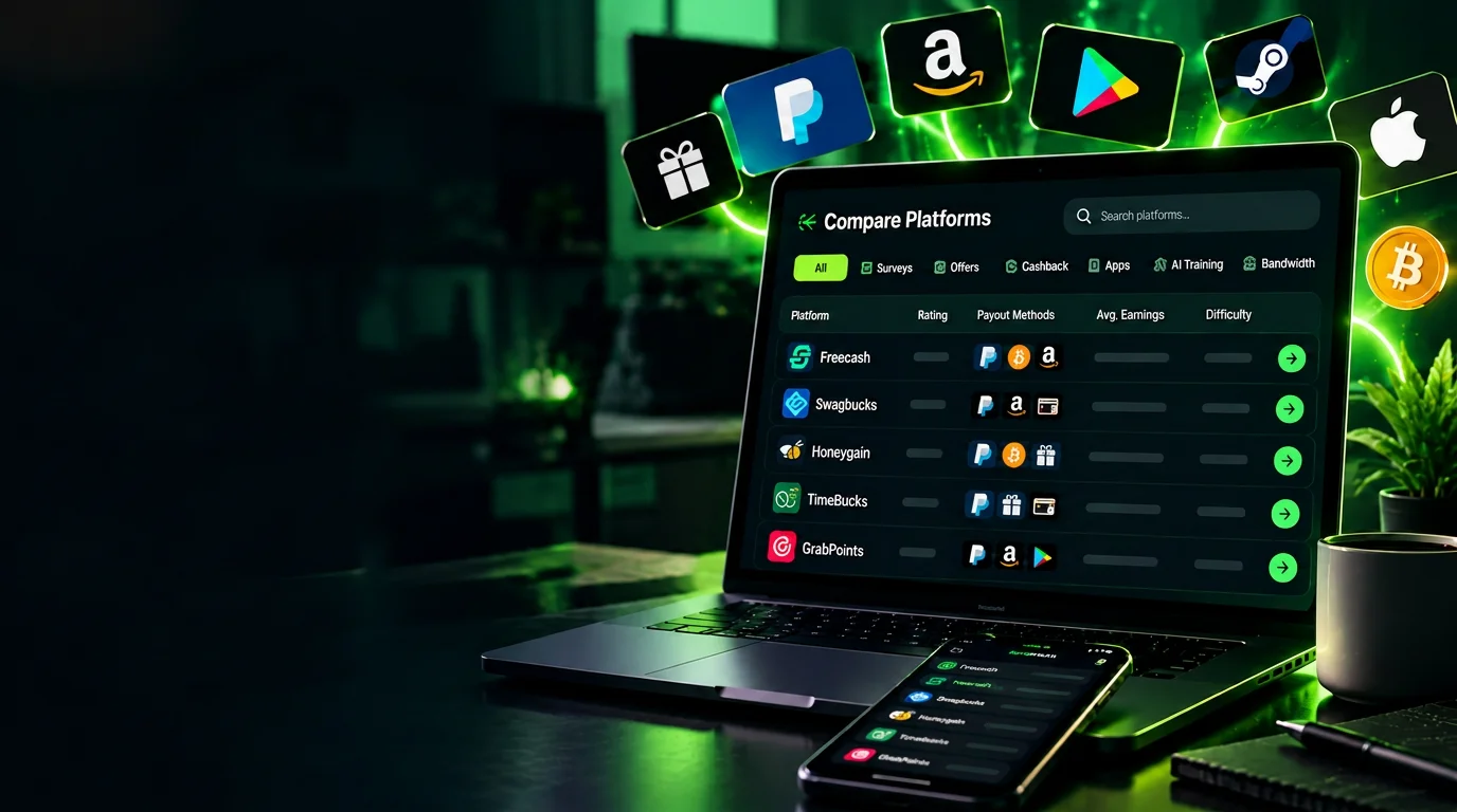 Platform comparisons and payment symbols in a green digital scene